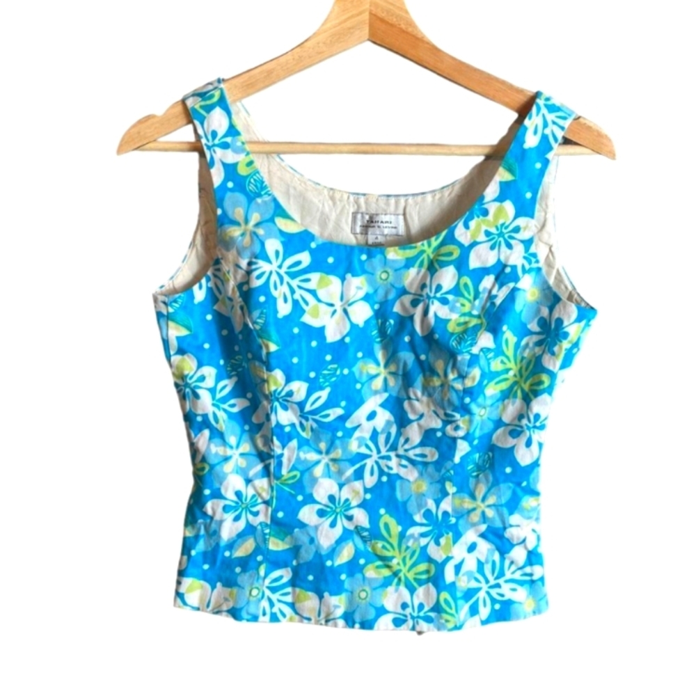 TAHARI HAWAIIAN PRINT BLUE FLORAL CROP TANK TOP SIZE 10 PETITE